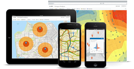 Mobile devices showing GIS telecommunication solutions for field work and data analysis. 